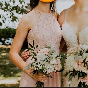 DAVID'S BRIDAL Lace Bodice Halter Floor Length Column Bridesmaid Dress Size 0